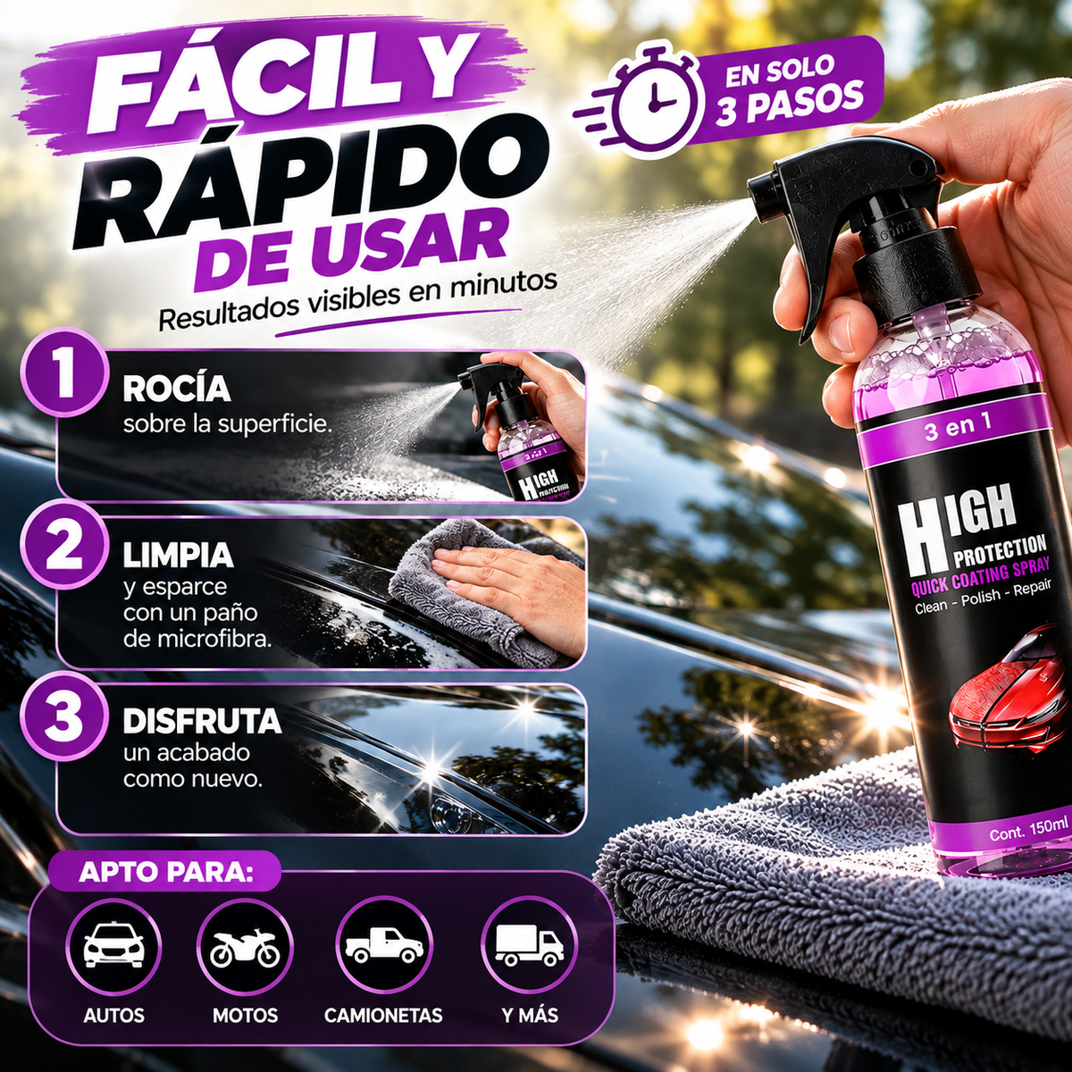 Spray Protector 3 en 1 para Auto | Limpia, Pule y Protege 150 ml