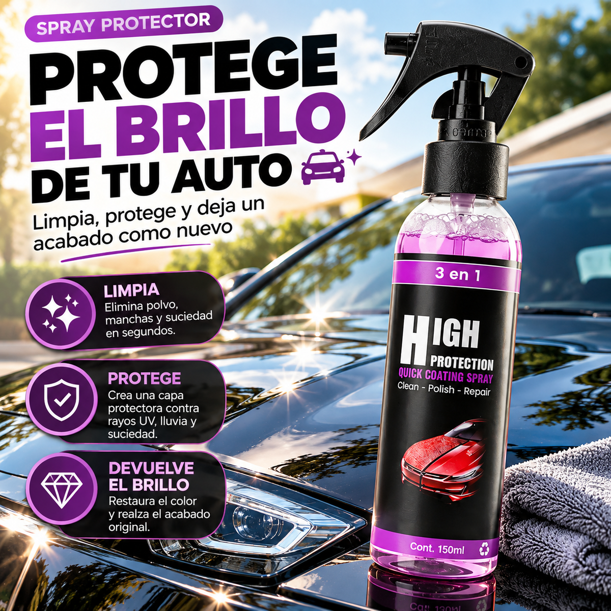 Spray Protector 3 en 1 para Auto | Limpia, Pule y Protege 150 ml