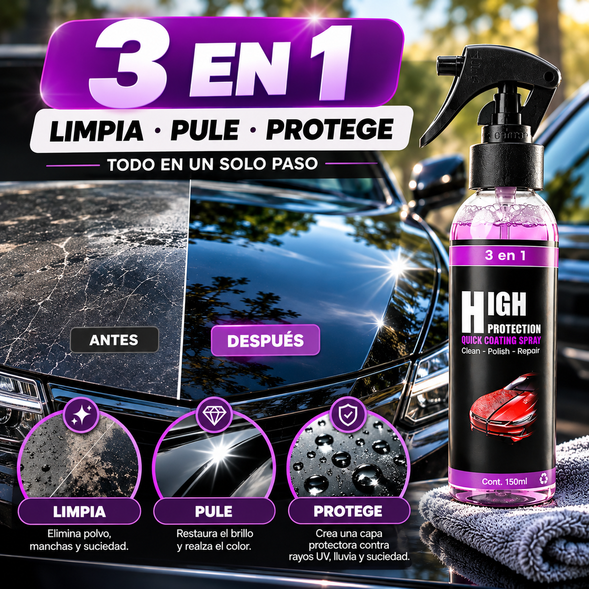 Spray Protector 3 en 1 para Auto | Limpia, Pule y Protege 150 ml